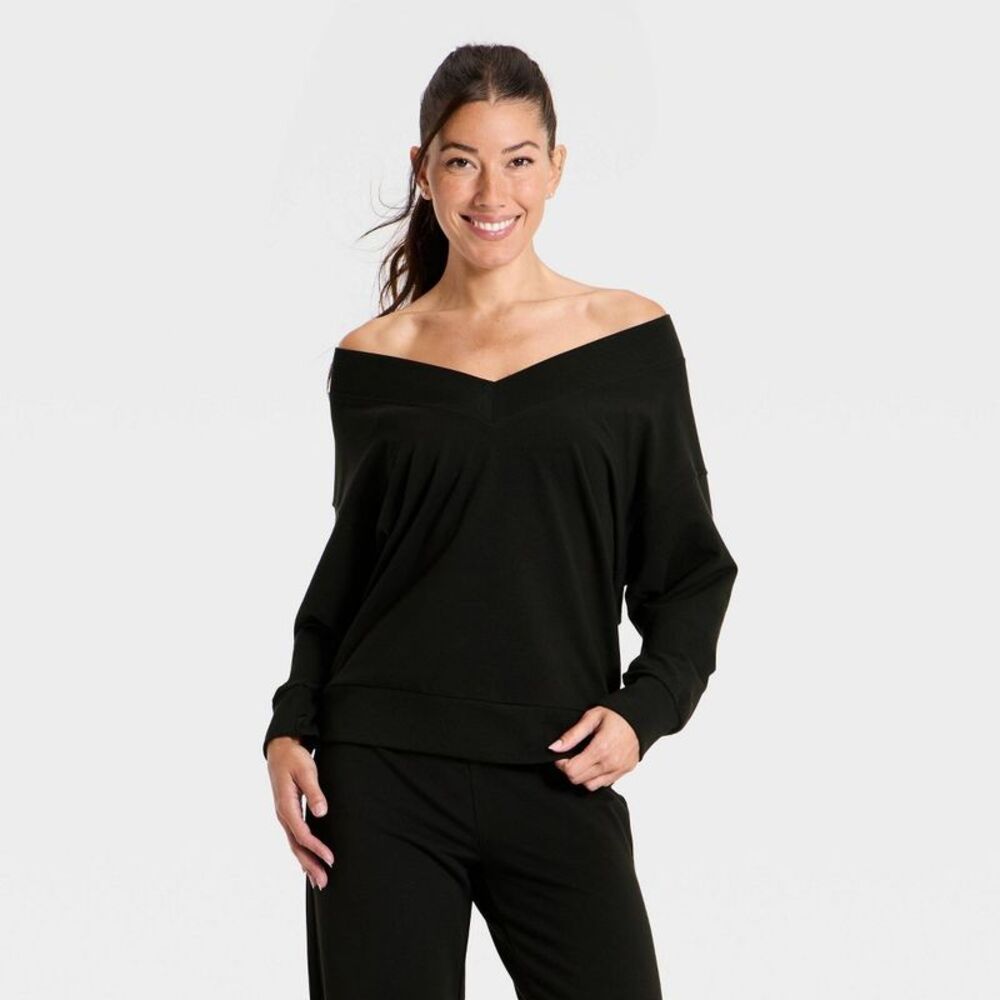 Women's Modal French Terry V-Neck Off the Shoulder Sweatshirt - Black M